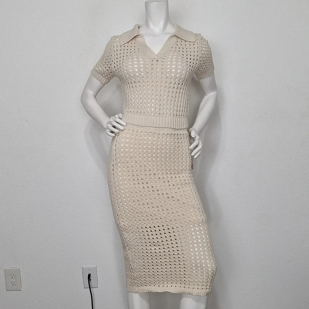 Willow & Wind "NEW" Bohemian Cream Crochet Hippie 70's Skirt & Top Set Size M